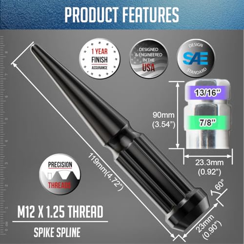 Image of Wheel Accessories Parts 20 Pcs M12x1.25 12x1.25 Thread Spike Spline 4.40 inch Long Lug Nuts Black 7 /8 inch & 13 /16 inch Hex Fits Nissan Pathfinder Murano | Suzuki Samurai w /Aftermarket Wheels