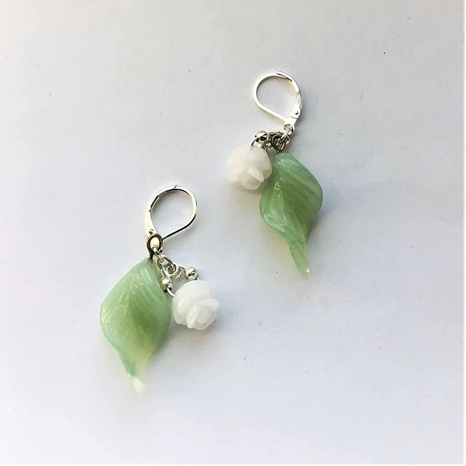 Floral Earrings White Jade Rose Flower Sterling Silver Leverback Vintage Jade Color Green Glass Leaves - Image 4
