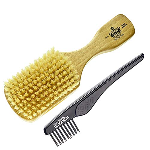 Kent OS11 Military Club Hair Brush and Facial Brush for Hair and Beard Care + LPC2 Brush Cleaner, Exfoliating Natural Boar Bristle Brush for Mens Grooming and Beard Straightener. Made in England