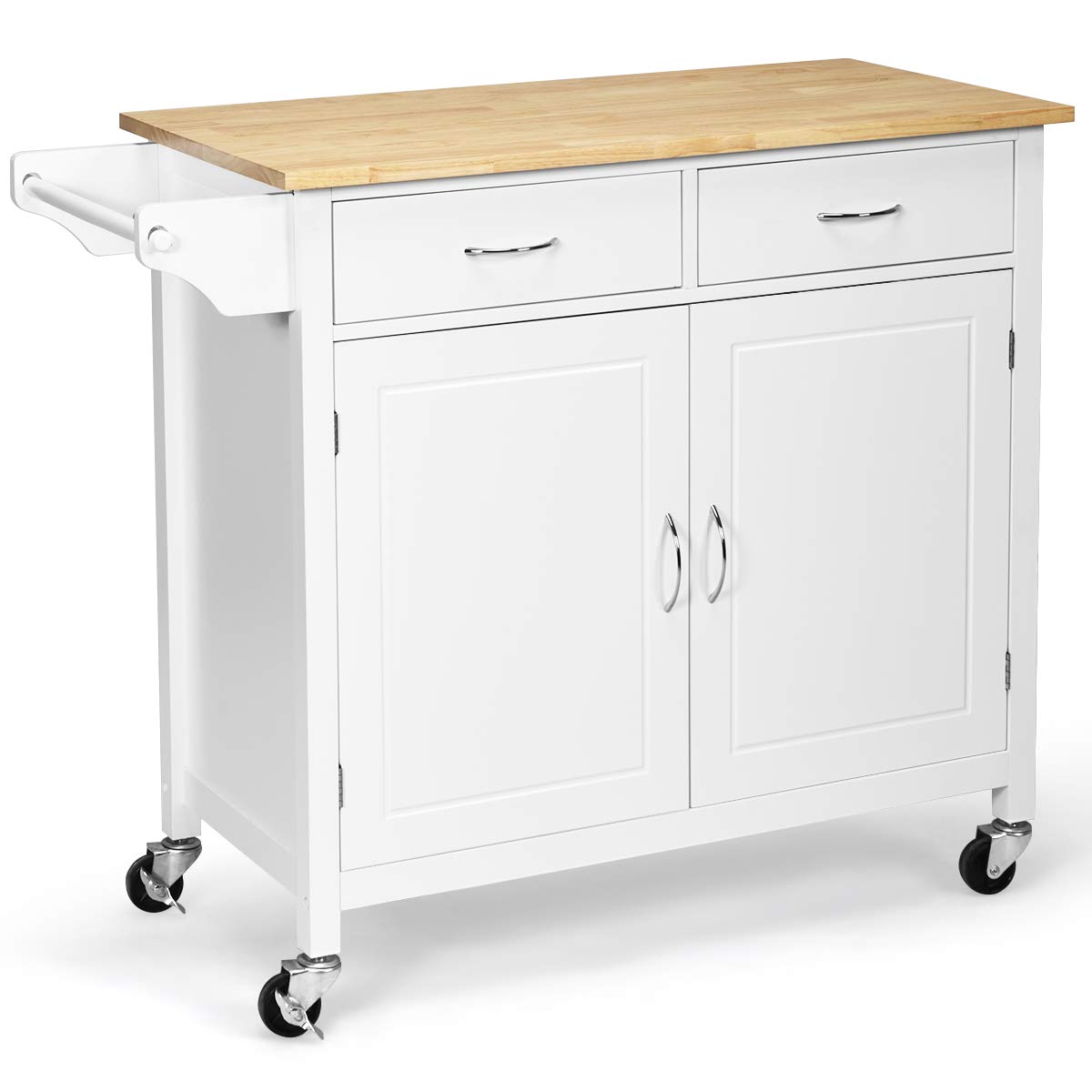 COSTWAY Kitchen Storage Trolley, Rolling Kitchen Island Cart with Rubber Wood Countertop, Adjustable Shelf, 2 Drawers & Towel Rack, Home Restaurant Dining Room Utility Organiser Sideboard (White)