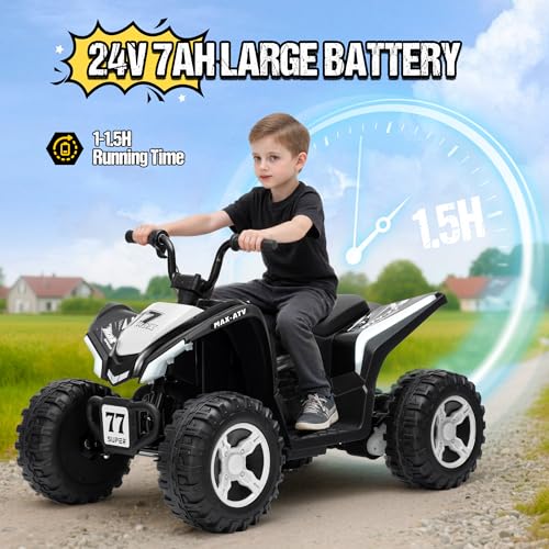 Image of Kids ATV 4 Wheeler, Two Seater 24V Ride On Toy for Big Kid w /Unique LED Light, Music, Wireless, Story, 24 Volt Ride on Car Electric Quad for Boys Girls (White)