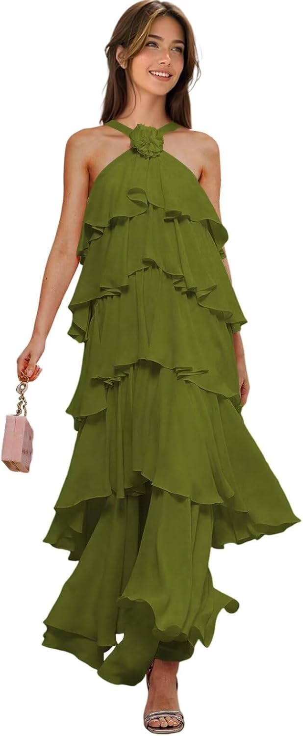 Women's Chiffon Bridesmaid Dresses with 3D Flowers Tiered Tiered Maxi A Line Formal Evening Dress ZU083