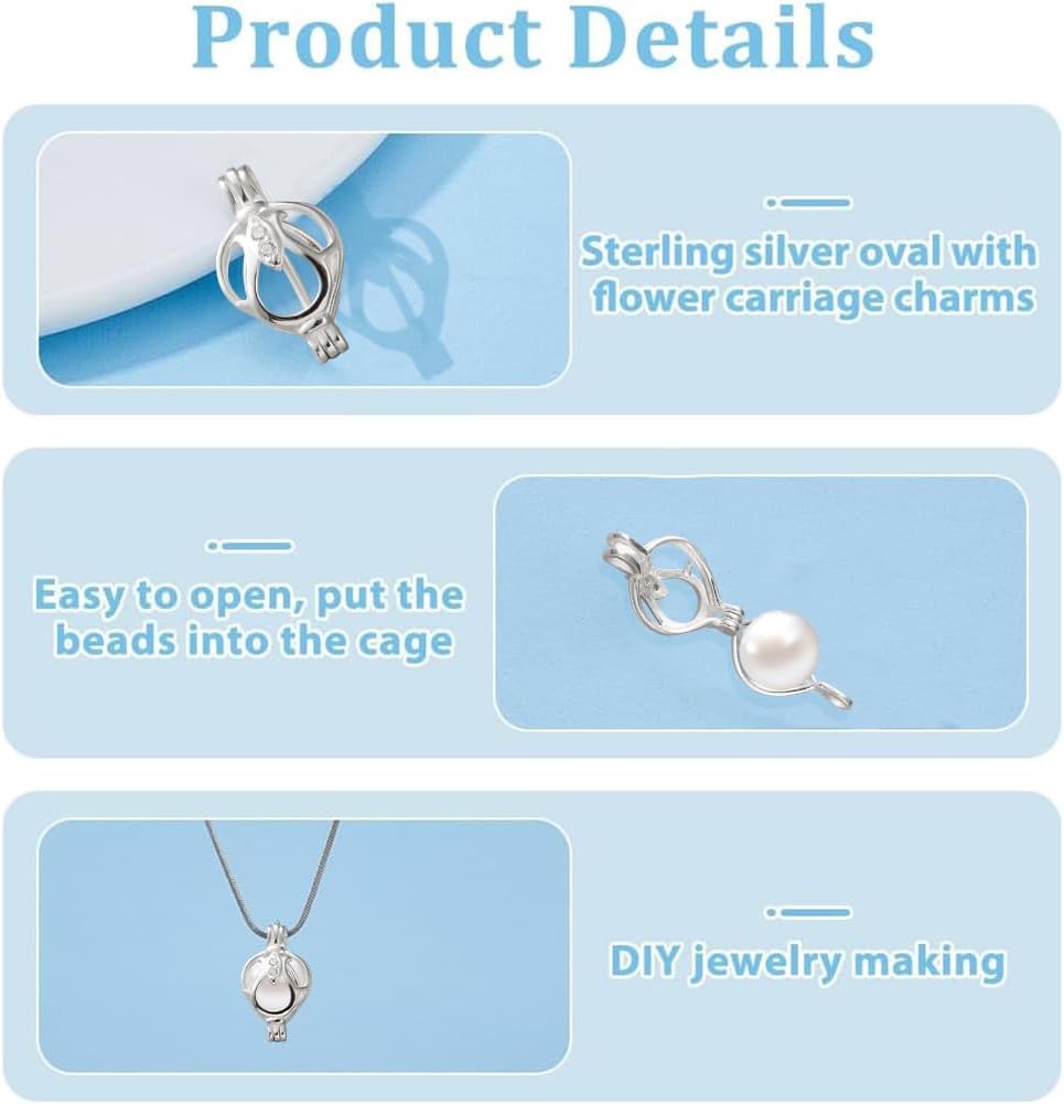 Sterling Silver Bead Cage Pendants Crystal Necklace Holder Hollow Charm Openable Bead Cage Crafting Charms for DIY Necklace Jewelry Making