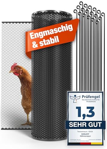 DANJOY Cerca de frango I 120 cm de altura I 25 m de comprimento I a cerca para cães ou animais pequenos é especialmente estreita, estável, sem flacidez, 20 x fixações, cerca para cães, jardim, cor