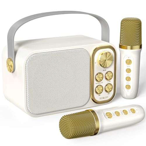 BESCOST Karaoke Profesional con 2 Micrófonos Inalámbricos, Bluetooth Altavoz Karaoke para Niños, Portátil Máquina de Karaoke Ideal para Boda, Fiesta, Cumpleaños（Blanco）