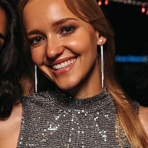 Dangle Earrings for Women, Dainty Long Drop Dangling Dangly Gold Threader Chain Earrings for Women Trendy, Silver Dangle Earrings with Cubic Zirconia as Wedding Prom Formal Jewelry2