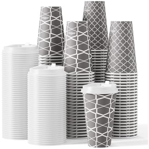 JOLLY PARTY Disposable Coffee Cups with Lids -16 oz (100 Sets) To Go Coffee Cups, Paper Coffee Cups for Beverages Espresso Tea, Suitable for Cafes, Offices and Home Cover