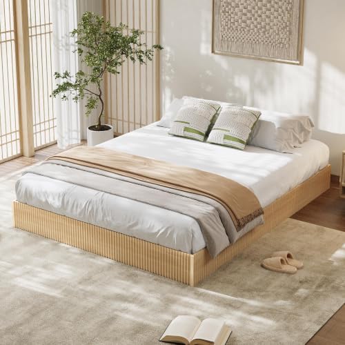 Image of GarveeHome King Size Bed Frame, Wood Platform Bed, Fluted Bed Frame | Minimalist Bed Base with Low Profile Design, Noise-Free, Easy Assembly, No Box Spring Needed, Oak
