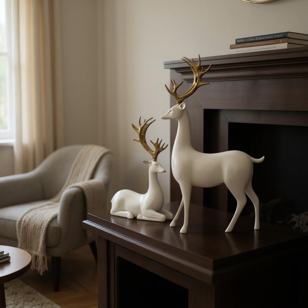 Tim Tim Agro 2 Pack Resin Christmas Reindeer Figurines Deer Statues Elk Sculpture Deer Ornaments for Living Figurine Statues TV Cabinet Home Office Wine Cabinet Decoration (White) 1