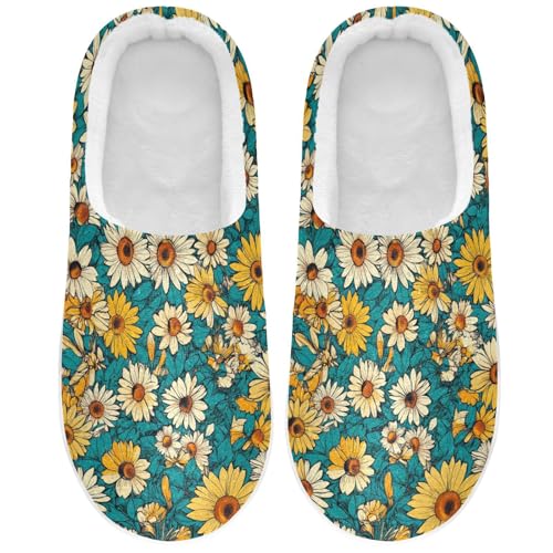 JUNZAN Cartoon Sunflower Star Teal Womens Cotton Slippers Comfortable Memory Foam Indoor Shoes for Hospital Christmas Presents 6-7