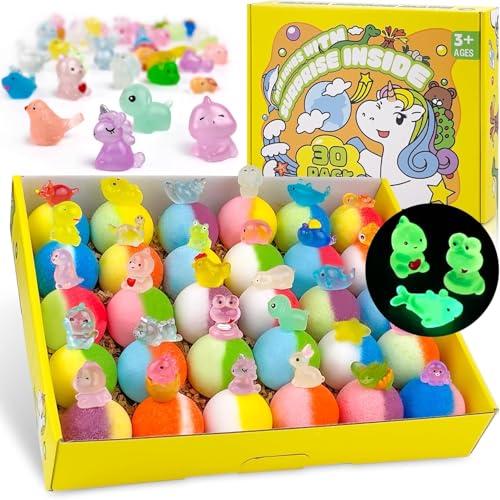 Bombas de banho para crianças com brinquedos no interior, 30 peças bombas de banho naturais e orgânicas de bolha com surpresa Glow-in-the-Dark no interior, perfeito presente de aniversário feito à mão