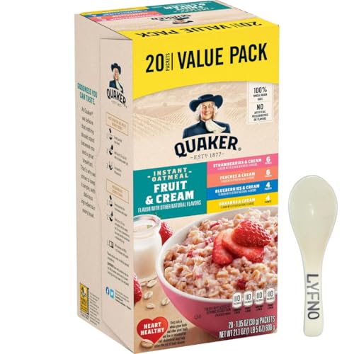 Quaker Instant Oatmeal, Fruit & Cream Variety Pack, Blueberry, Strawberry, Banana & Peaches 21.1 Oz., 20 Pk - Quakar Instant Oatmeal Packets - Quakar Instant Oats Blueberry Strawberry (Lyfno Trademark Spoon Included)