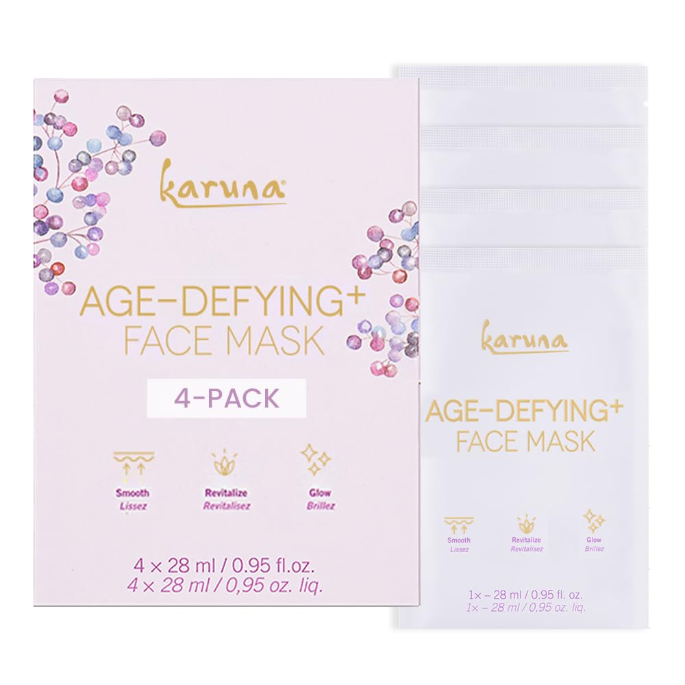Karuna Skin - Age-Defying+ Face Masks for Dry, Mature Skin, Rejuvenating & Nourishing Sheet Masks Skincare Essential, Facial Mask with Elderberry, Calendula & Wild Yam, 4 Sheets per Pack