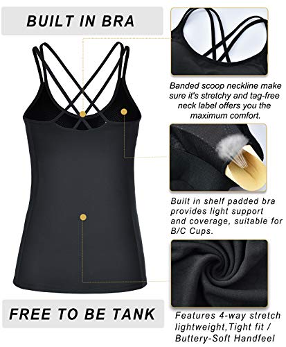 RUNNING GIRL Yoga Tank Tops for Women Built in Shelf Bra B/C Cups Strappy Back Activewear Workout Compression Tops(BX2288 Black.XS)