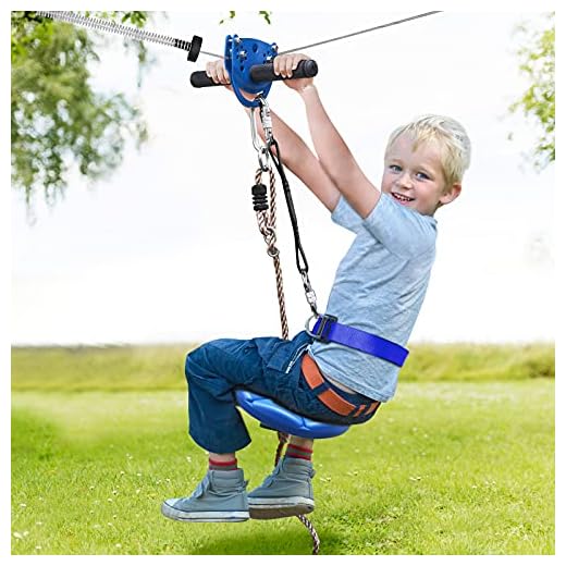 Jugader 160FT Zipline Kits for Backyard with Spring Brake, Cable Tensioning Kit, Detachable Trolley, Adjustable Safe Belt & Seat and 304 Stainless Steel Cable
