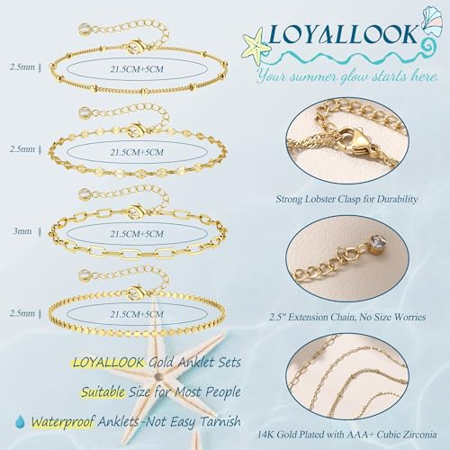 Image of LOYALLOOK Ankle Bracelets for Women Waterproof, 14K Gold Plated Cuban Figaro Link Chain Beaded Anklets Set, Dainty Layered Anklets for Women Non Tarnish Summer Beach Foot Jewelry Adjustable Size