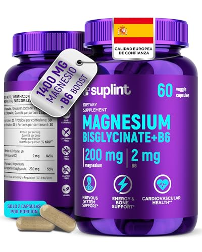 Bisglicinato de Magnesio Cápsulas 200 mg con Vitamina B6 para una Óptima Absorción – Alta Dosis y Probado en Laboratorio – Magnesio Bisglicinato – Vegano sin Aditivos – 60 Cápsulas para 1 Mes (1 Pack)