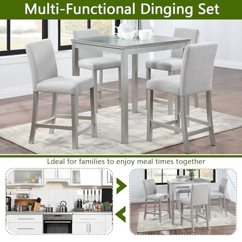 Image of KEIKI 5-Piece Counter Height Dining Table Set with Square Table and 4 Upholstered Chair, for 4 Person, Modern Crystal Decoration Wooden Table Set, Easy Assembly, for Kitchen, Dining Room, Silver Grey