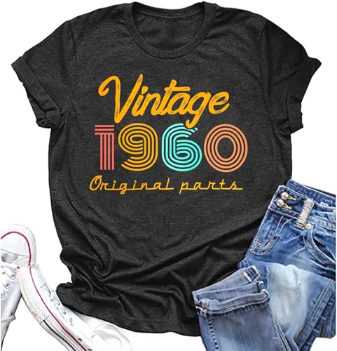 Women 65th Birthday Shirt Vintage 1960 Tshirt Sixty Five Bday Gift Casual Birthday Apparel Flower Graphic Tee Tops