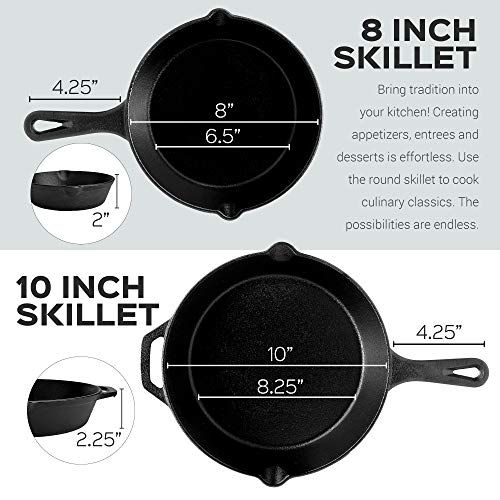 Pre-Seasoned Cast Iron Skillet 2-Piece Set (8-Inch and 10-Inch) Oven Safe Cookware - 2 Heat-Resistant Holders - Indoor and Outdoor Use - Grill, Stovetop, Induction Safe