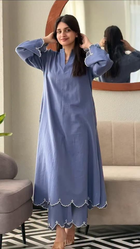 Image of ANNI Designer Women Viscose Embroidered Straight Kurta with Palazzo | V Neck Long Sleeve Kurta Set | Ethnic Kurta Palazzo Set for Women