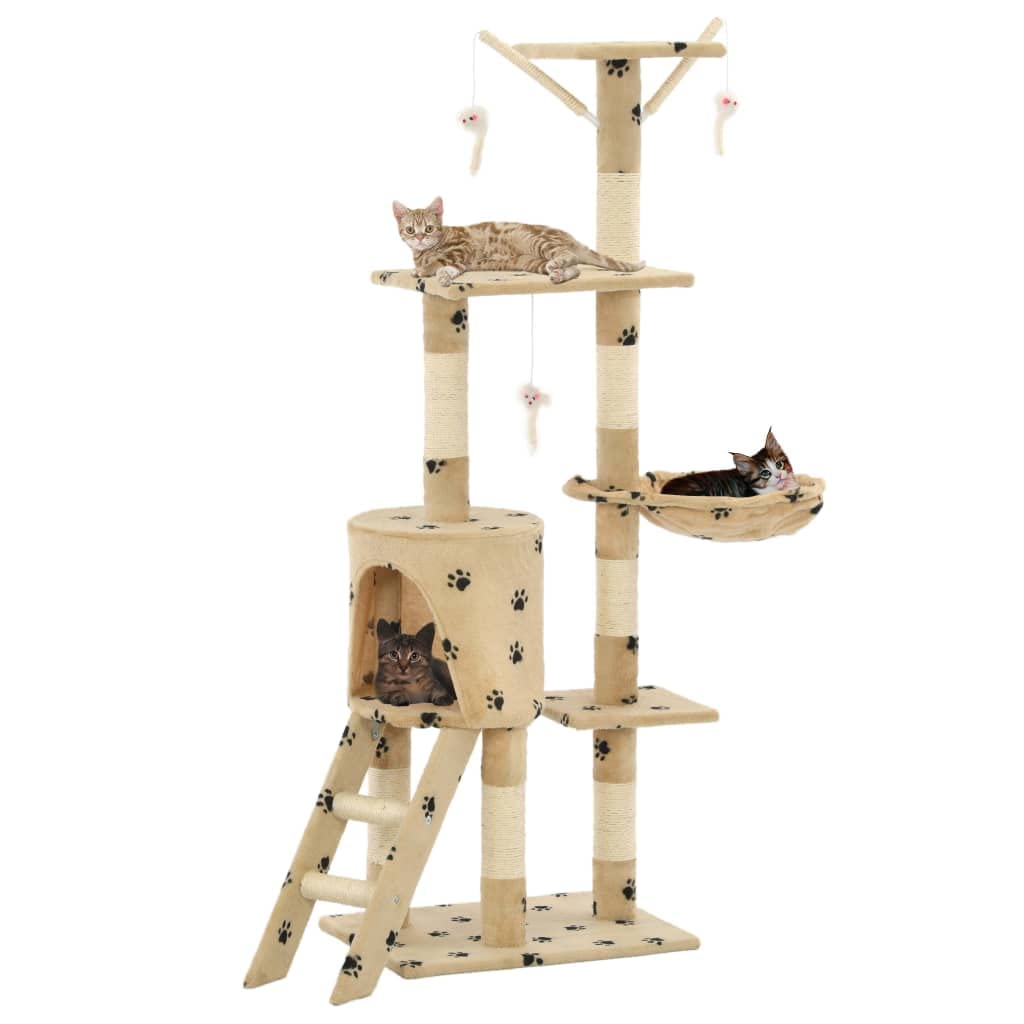 Árbol rascador para gatos con sisal y felpa, 138 cm, color beige con impresión de patas, árbol de escalada estable con barril rascador, plataforma de observación y cómoda cueva para gatos