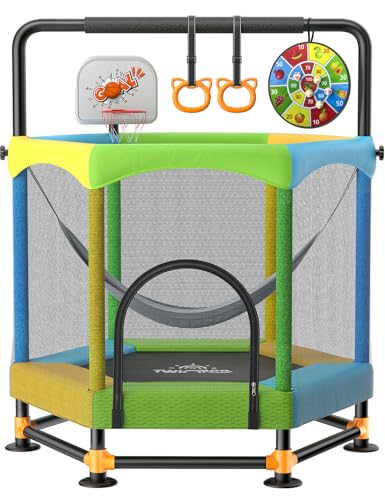 60' Trampoline for Kids, Twinkoo 5FT Fortified Toddler Trampolines with Anti-Rollover Bottom, Indoor/Outdoor Toddler Trampoline with Safety Enclosure, Adjustable Gymnastics Bars, Basketball Hoop