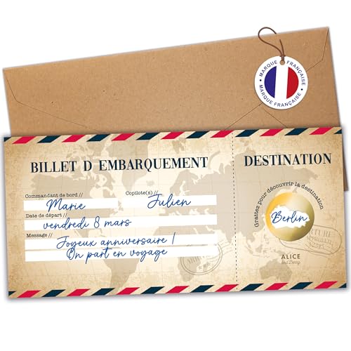 Carte à gratter Voyage Surprise | Carte d’embarquement personnalisable | Billet d’avion Road Trip | Noël / Anniversaire | Idée cadeau originale avec pastille à gratter - Design Vintage (1 carte)
