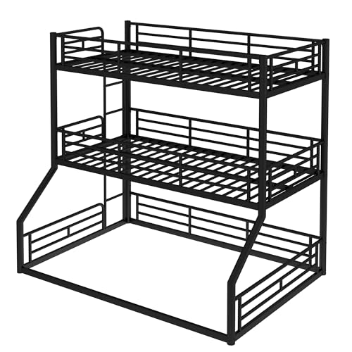Image of Twin Over Twin Over Full Bunk Bed with Safety Guardrails, Modern Metal Triple Bed Frame for Kids, No Box Spring Required, Black