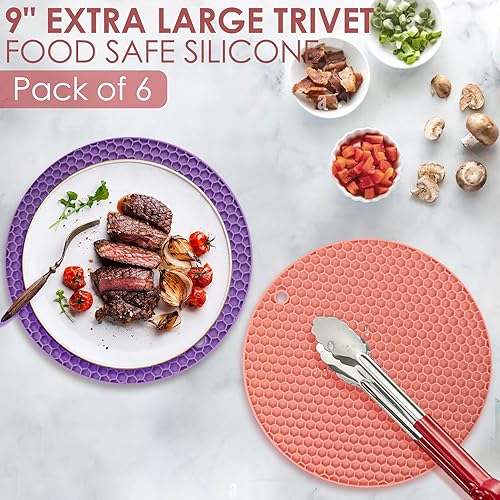 Image of 6 Pack Silicone Trivets for Hot Pots and Pans, 9 inch Colorful Silicone Trivet for Hot Dishes, Extra Large Non-Slip & Heat Resistant Hot Pads for Kitchen Counter(Colors)