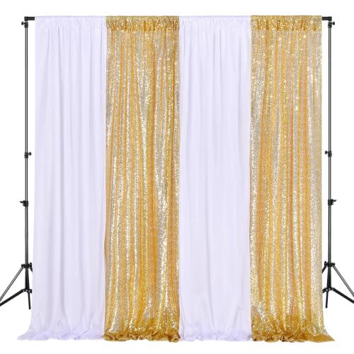 Wedding Backdrop Curtain 10ftx10ft - Gold Sequin and White Satin Drapes