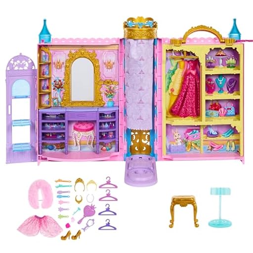 Mattel Disney Princess Set de juego de armario portátil con forma de castillo, con 2 conjuntos de moda para princesas, 25 accesorios, tocador y almacenamiento, juguete +3 años (HXC20) | Ya disponible en tu tienda friki favorita! En mundofriki.es!