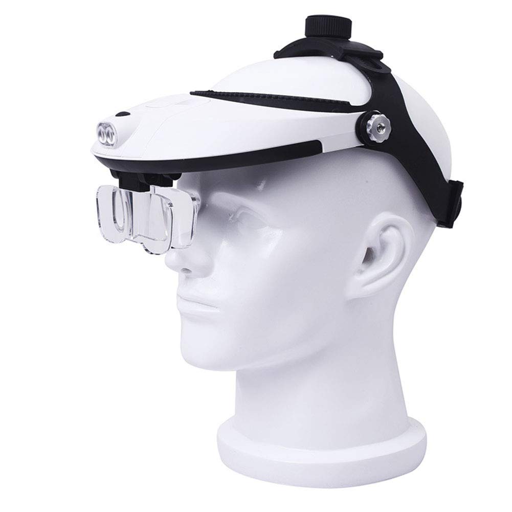Lupa, lupa de diadema con 2 luces LED, lupa de lectura manos libres montadas en la cabeza, joyero, lupa de reloj, 5 lentes reemplazables,