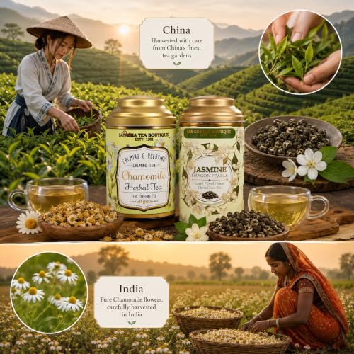Image of Sancha Tea Boutique, Tea Combo Pack: Chamomile Flower, Caffeine Free Herbal, 50g & Jasmine Dragon Pearls Teas 50g, Loose Leaves