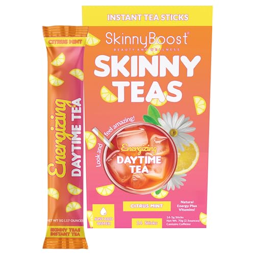 Skinny Teas Energizing Daytime Tea Sticks Citrus Mint Instant Tea Natural Energy + Metabolism Support Vitamins + Prebiotic Fiber 10 Calories 14 Count