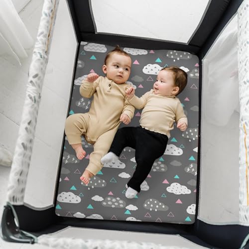 Image of Stretchy Pack and Play Fitted Sheets: 2 Pack Mini Crib Sheets 38x26 - Soft Cozy Material - Fits Most Playards and Travel Playpens, Pack n Play, Nursery Daycare Bedding Essentials, Whale Cloud Print