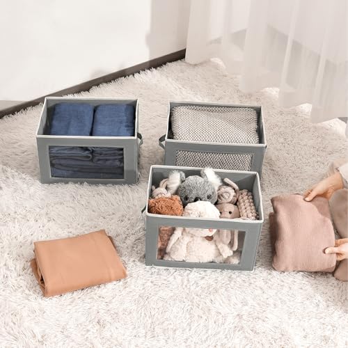 Image of Homsorout Stackable Storage Bins with Lids - Medium Storage Box with Lids, Foldable Closet Boxes for Organizing, Wardrobe Clothes Organizer with Window, Cubes Bins for Living Room, 5 Pack, Grey
