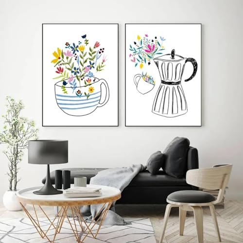 Toile peinture café et fleurs tasses style nordique pour décoration de cuisine 50x70 cm