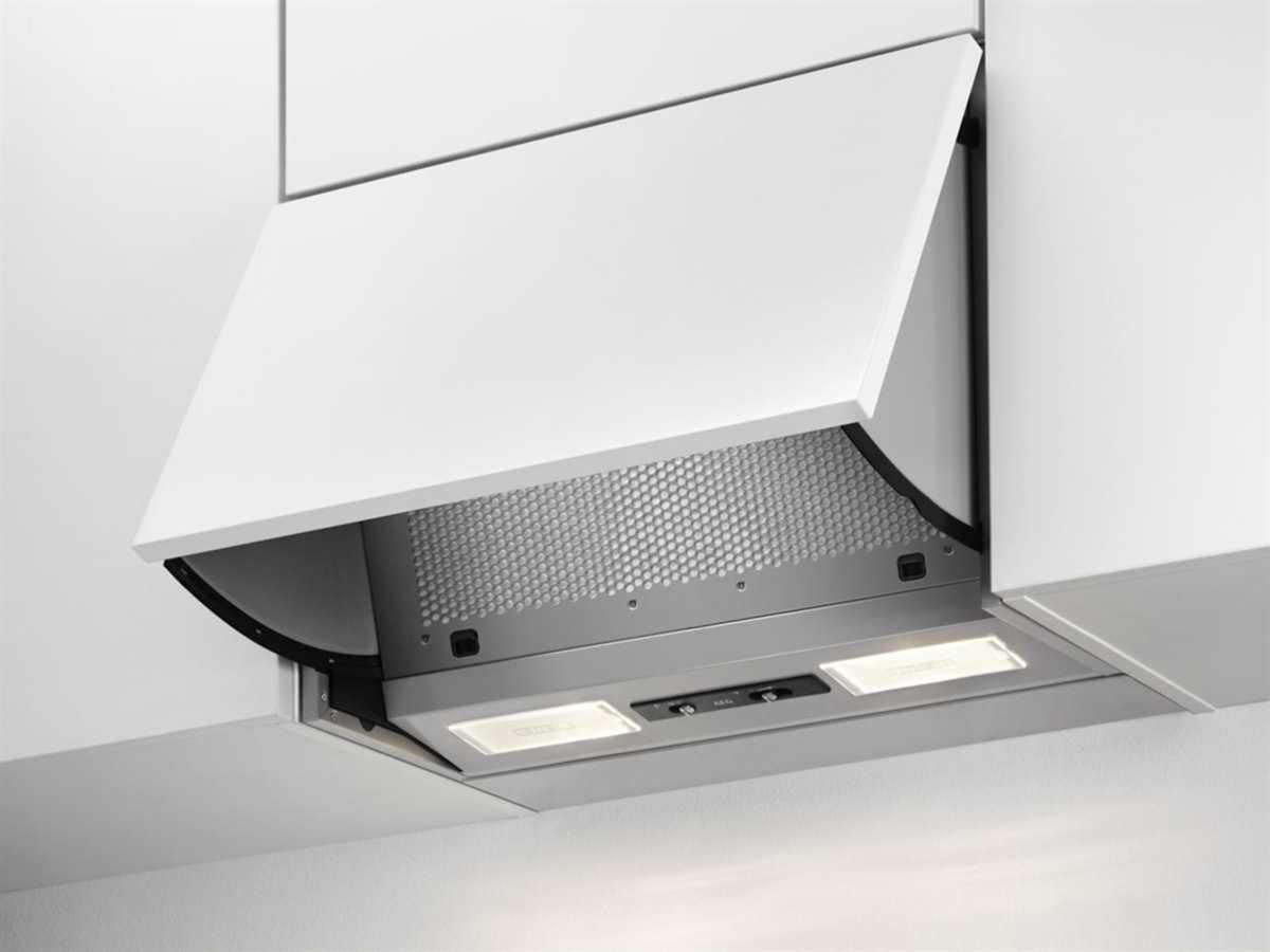 AEG DEB1621S Dunstabzugshaube (Einbau) / klappbar mit 3 Leistungsstufen / 59,8 cm Einbau Dunstabzugshaube / Vlies-Fettfilter / LED-Beleuchtung / 66,1 kWh pro Jahr / grau