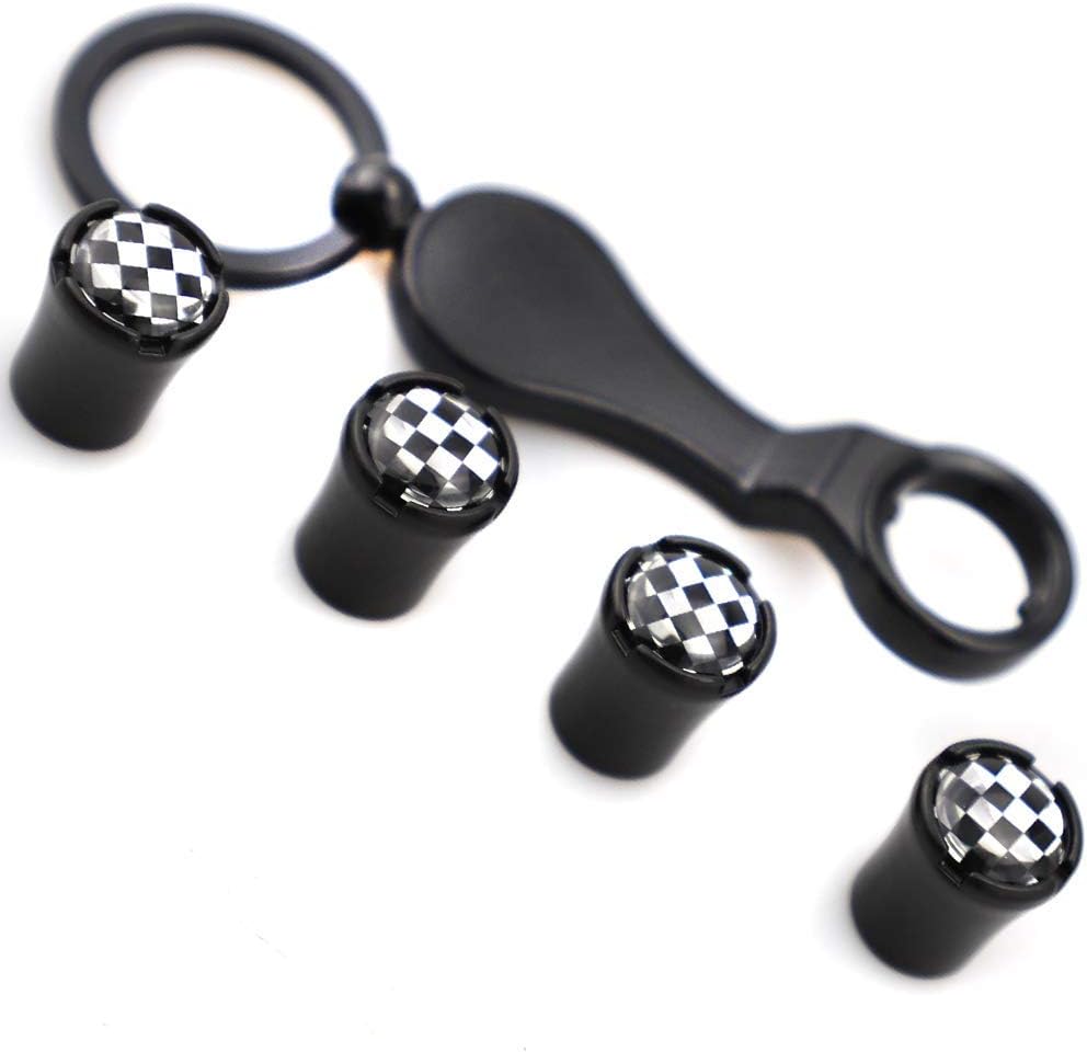 XDG 4Pcs Valve Stem Caps Tire Valve Cover Anti-Theft Dust Caps -a Wrench Keychain Combo with Black & White Checkered Fit for Coopers R50 R51 R52 R53 R55 R56 R57 R58 R59 R60 R6 (Black)