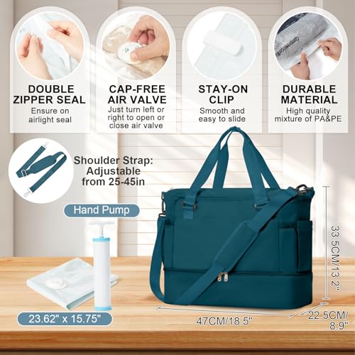 Large Travel Duffle Vacuum Seal Bags for Clothing with Hand Pump Gym Weekender Bags for Women Overnight Hospital Tote Carry On Luggage Space Saver Vacuum Storage Bags with Shoe Compartment PeacockBlue2