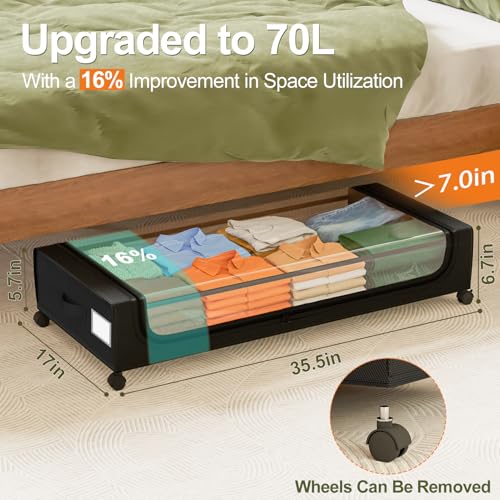 Image of GoMaihe Under Bed Storage with Wheels: 70L Underbed Storage Containers with Clear Lids - Rolling Drawers & Bins for Shoes Clothes in Dorm Bedroom - Space-Saving Easy Pull-out Black 2-Pack