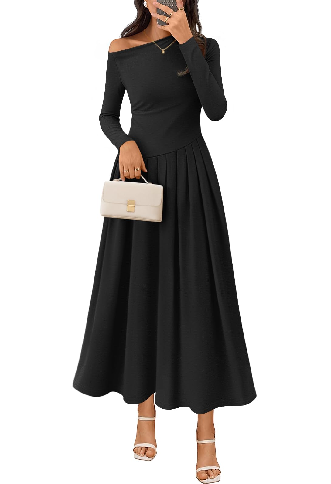 MEROKEETY Womens Fall Long Sleeve Wedding Guest Dresses 2025 One Shoulder Elegant Formal Pleated Midi Maxi Dress