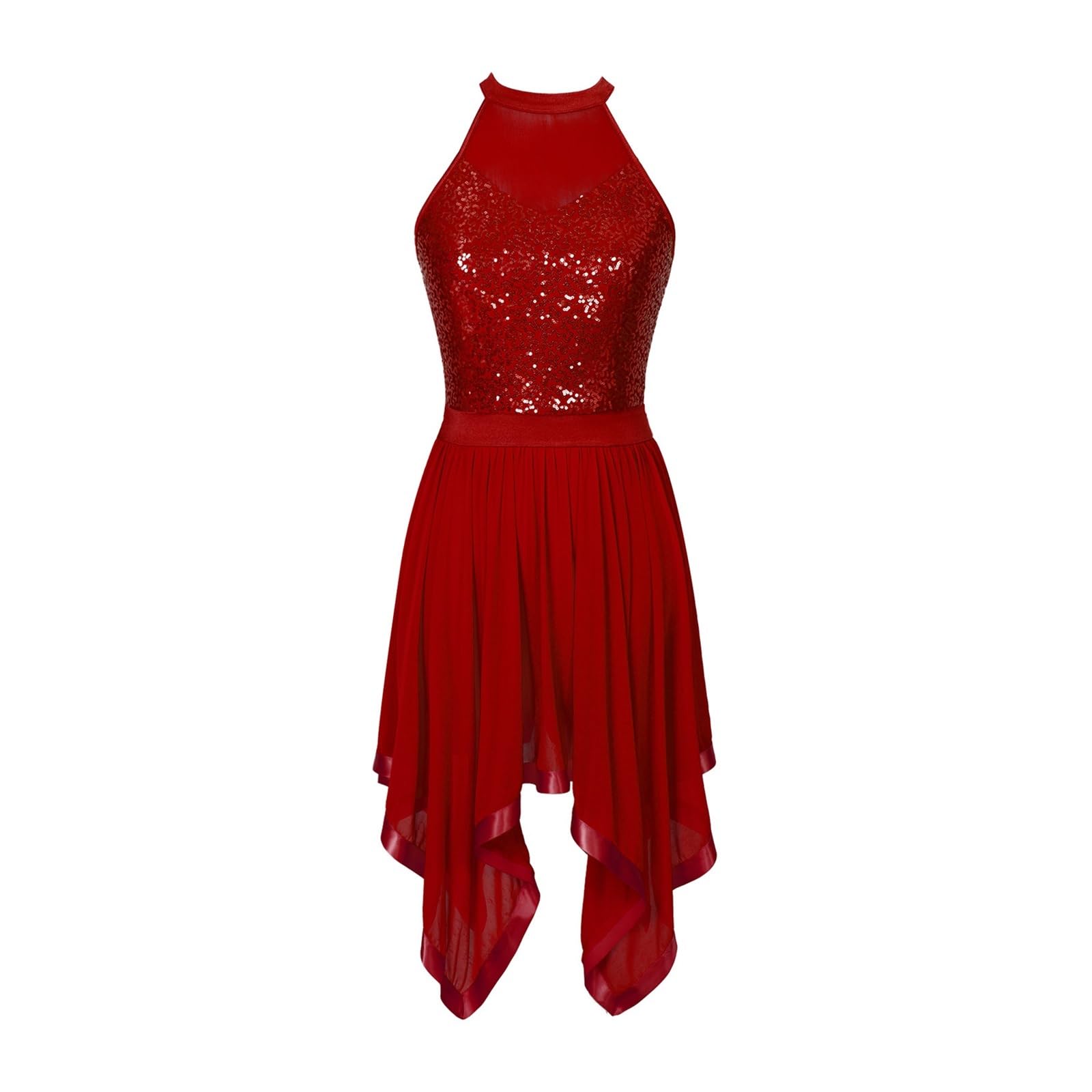 Vestido De Danza LíRica Moderno Vestido de Baile contemporáneo Moderno de Jazz de Malla asimétrica con Lentejuelas y Cuello Halter sin Mangas for Mujer