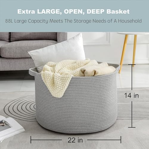 Image of MEGASKET Extra Large Grey Storage Basket, 22 inch X 22 inch X 14 inch XXXL Blanket Basket for Living Room, Gray Wicker Woven Cotton Rope Baskets for Storage, Kids Toy Baskets Bins, Decorative Pillow Towel Basket