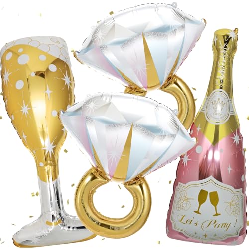 4 Pcs Bachelorette Balloons Huge Rose Gold Champagne Bottle Diamond Ring Goblet Aluminum Foil Balloons for Bachelorette Party Bridal Shower Wedding Engagement Party Decorations Supplies