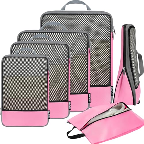 Image of BAGAIL 4 Set /6 Set /8 Set Compression Packing Cubes Travel Accessories Expandable Packing Organizers (Half Mesh, 6-Pink)