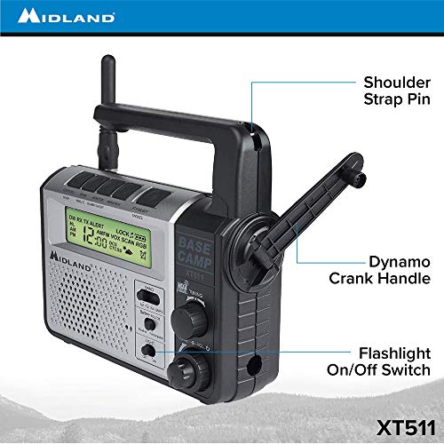 Midland® - XT511 - Emergency Radio - 22 Channel Two-Way Base Camp Radio with 5 Power Options, 121 Privacy Codes, 3-LED Flashlight & NOAA Weather Scan + Alert - Gray/Black - Image 5