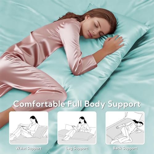 Image of MR&HM Satin Body Pillow Cover, Soft and Breathable Body Pillow Case with Envelope Closure, Cooling and Silky Long Pillowcase for Hair and Skin,Grey (20x54, Turquoise)