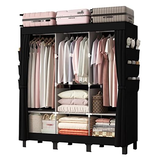 LOEFME Canvas Wardrobe 172 * 130 * 45cm, Wardrobes for Bedroom, New Base Design Fabric Bedroom Wardrobes with 2 Hanging Rails and 18 Side Bags, Fabric Closet, Cheap Folding Wardrobe, Black